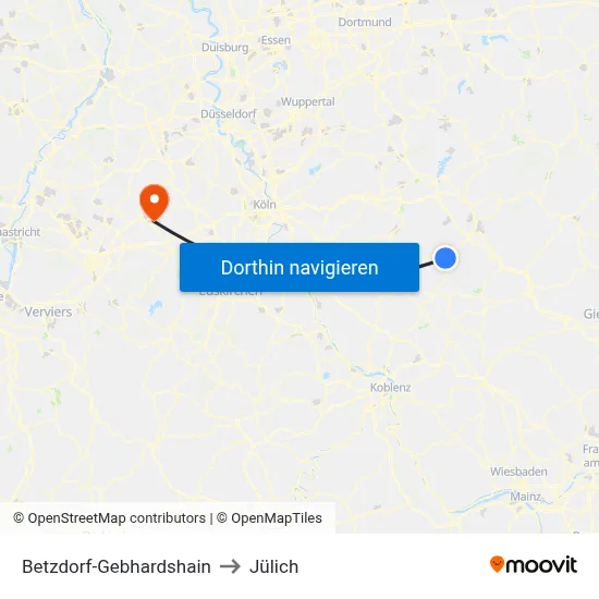 Betzdorf-Gebhardshain to Jülich map