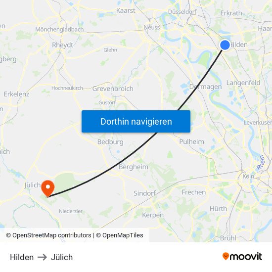 Hilden to Jülich map