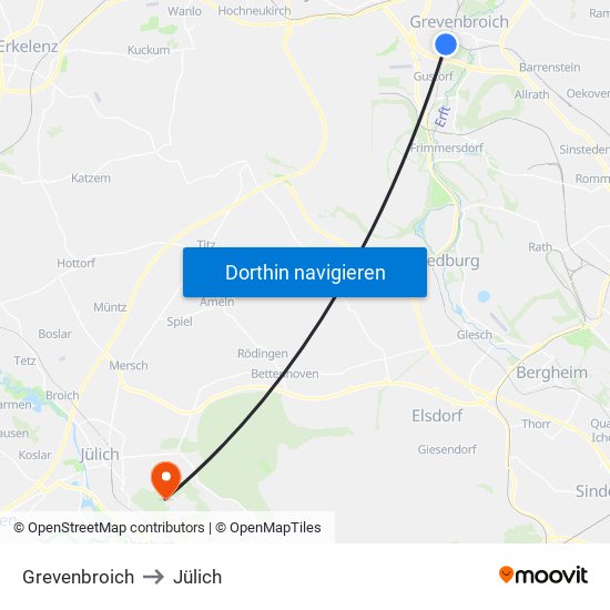 Grevenbroich to Jülich map