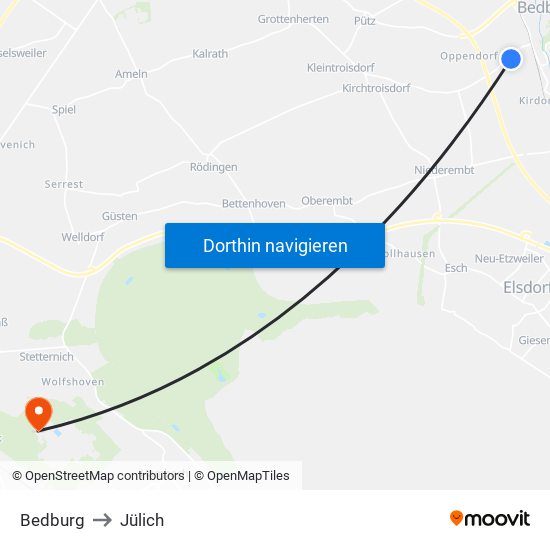 Bedburg to Jülich map