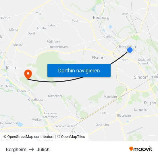 Bergheim to Jülich map