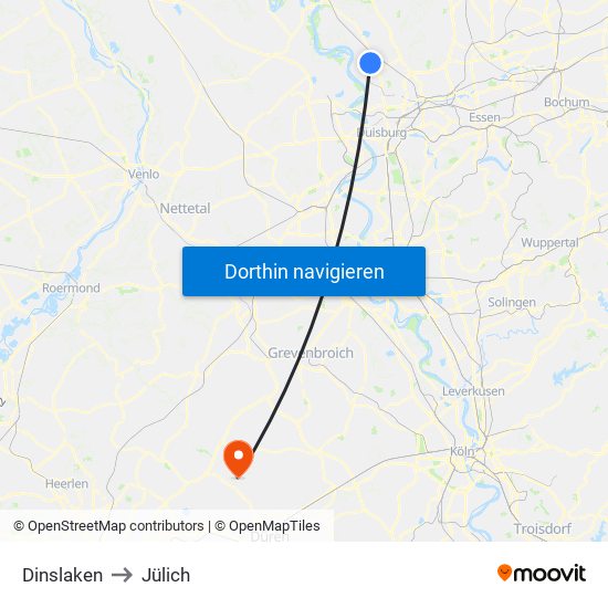 Dinslaken to Jülich map