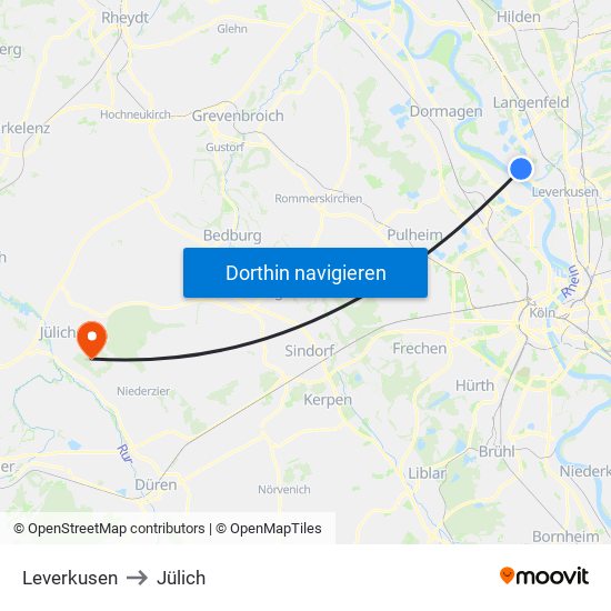 Leverkusen to Jülich map