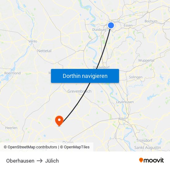 Oberhausen to Jülich map