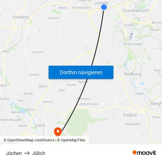 Jüchen to Jülich map