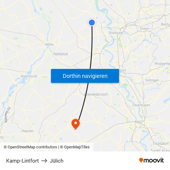 Kamp-Lintfort to Jülich map