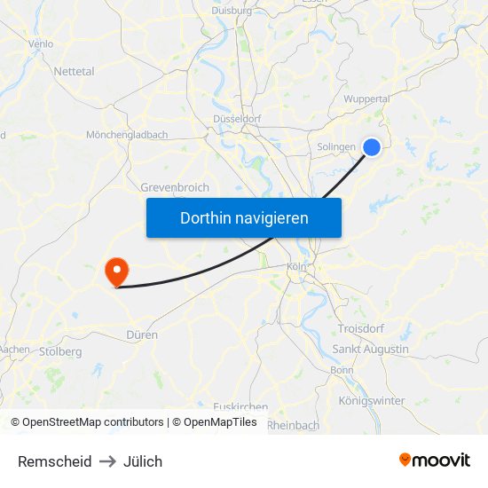 Remscheid to Jülich map