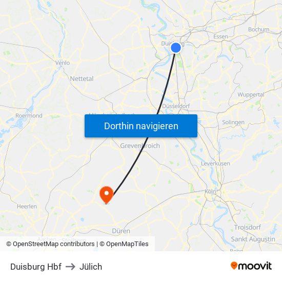 Duisburg Hbf to Jülich map
