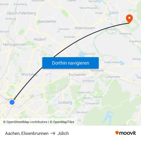 Aachen, Elisenbrunnen to Jülich map