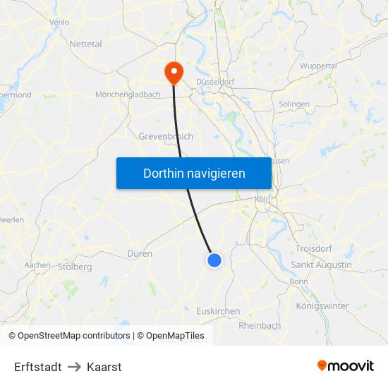 Erftstadt to Kaarst map