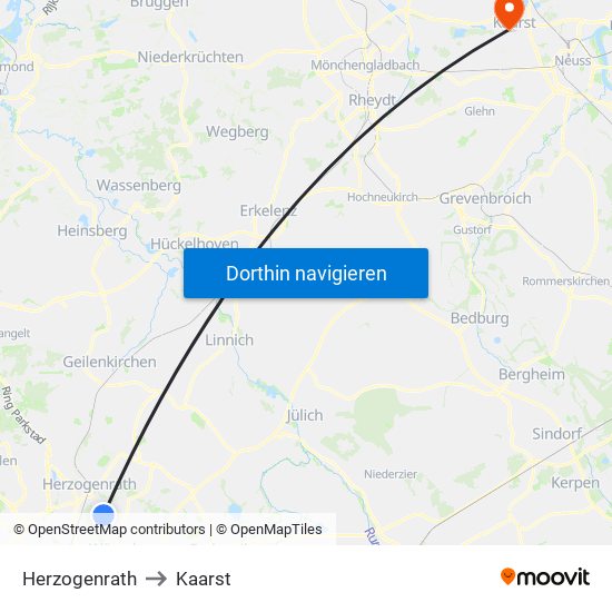 Herzogenrath to Kaarst map