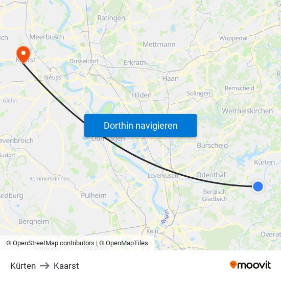 Kürten to Kaarst map
