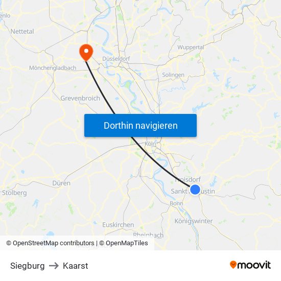 Siegburg to Kaarst map