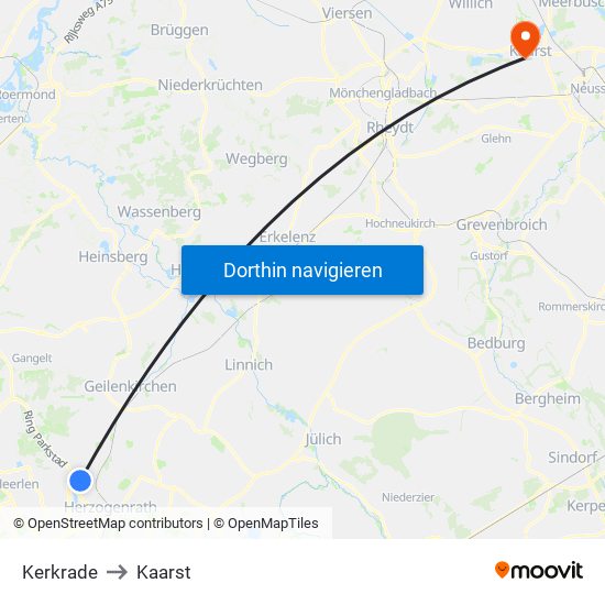 Kerkrade to Kaarst map