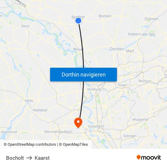 Bocholt to Kaarst map