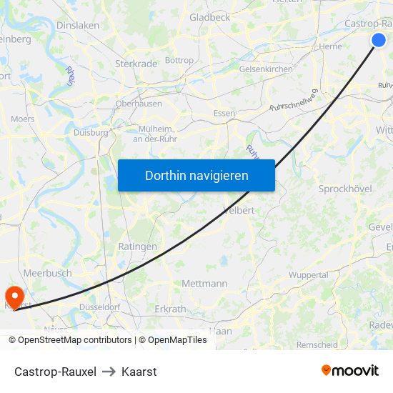 Castrop-Rauxel to Kaarst map