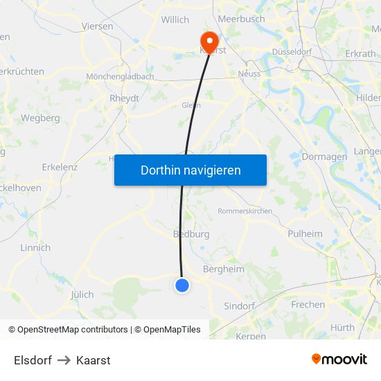 Elsdorf to Kaarst map