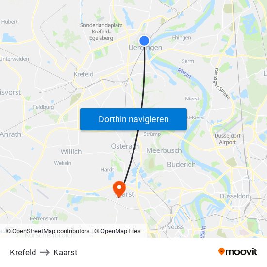 Krefeld to Kaarst map