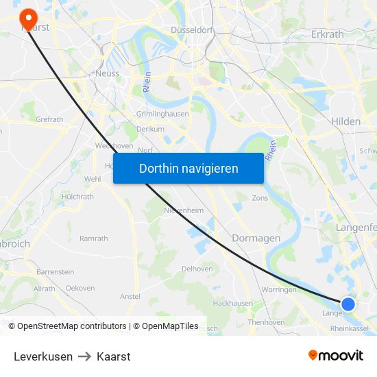 Leverkusen to Kaarst map