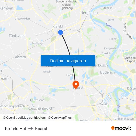 Krefeld Hbf to Kaarst map