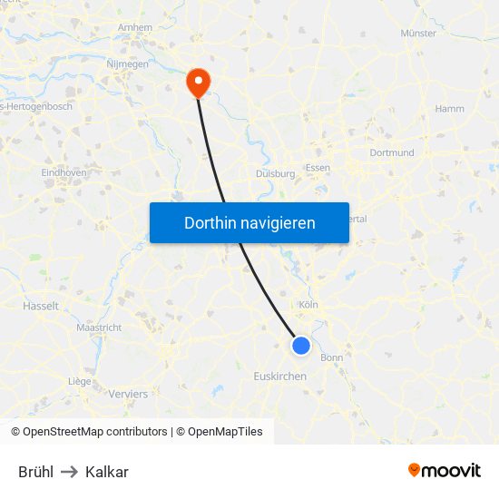 Brühl to Kalkar map