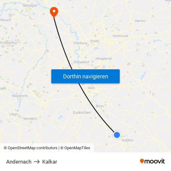 Andernach to Kalkar map