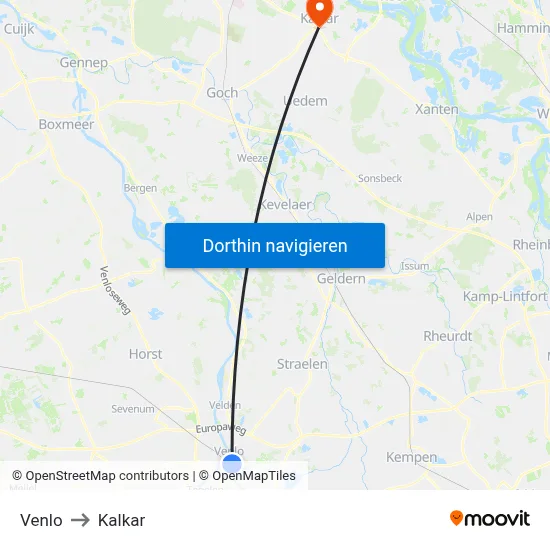 Venlo to Kalkar map