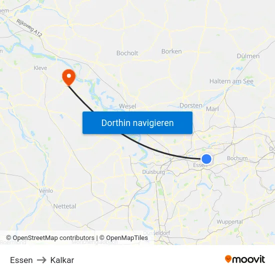 Essen to Kalkar map