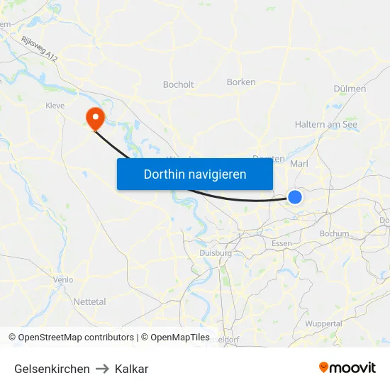 Gelsenkirchen to Kalkar map