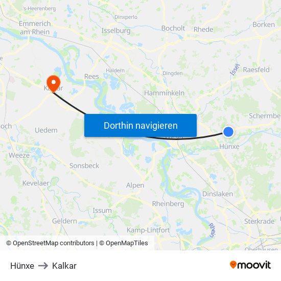 Hünxe to Kalkar map