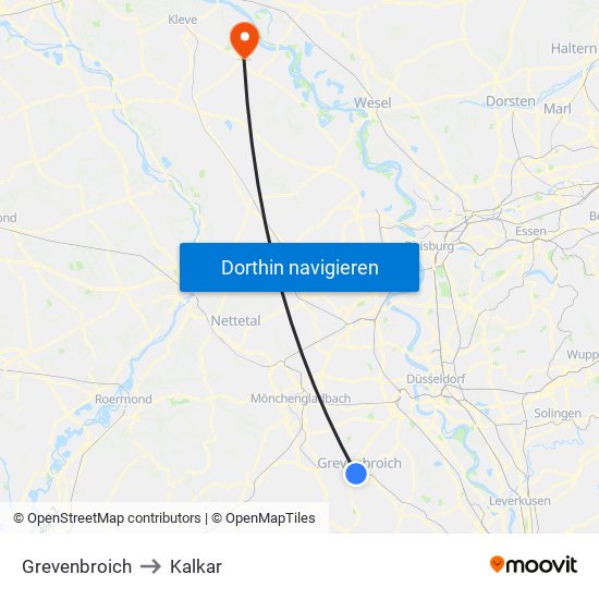 Grevenbroich to Kalkar map