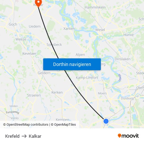 Krefeld to Kalkar map