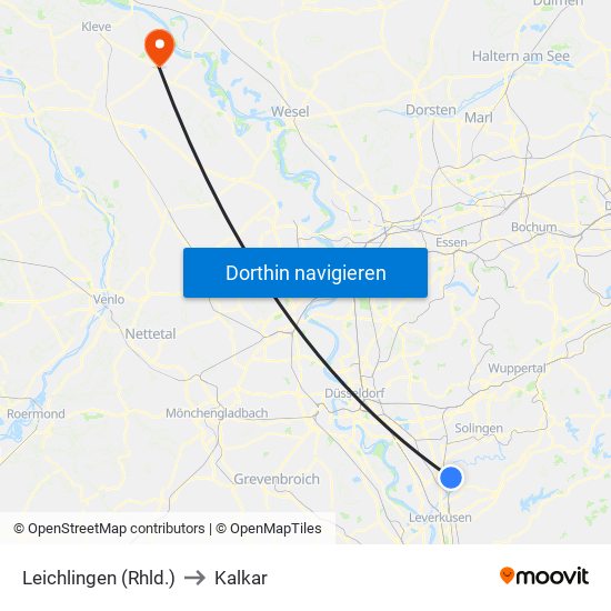 Leichlingen (Rhld.) to Kalkar map