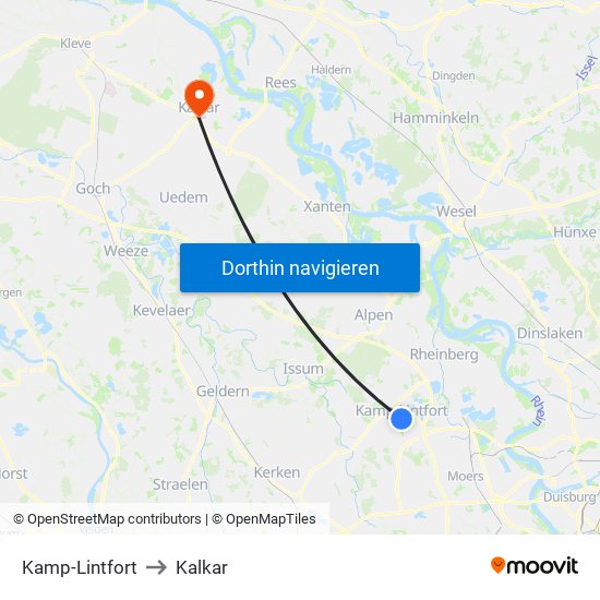 Kamp-Lintfort to Kalkar map