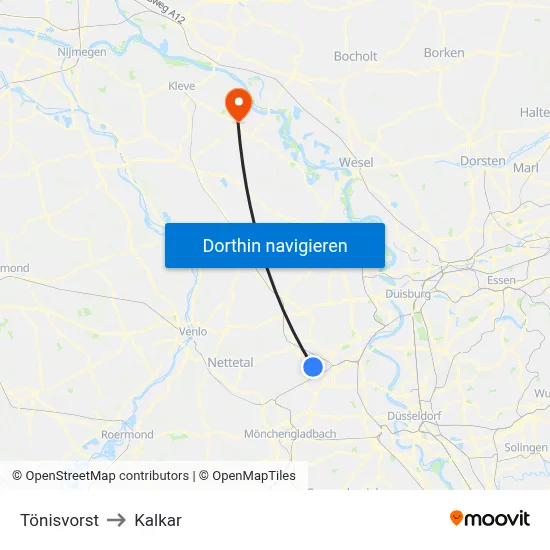 Tönisvorst to Kalkar map