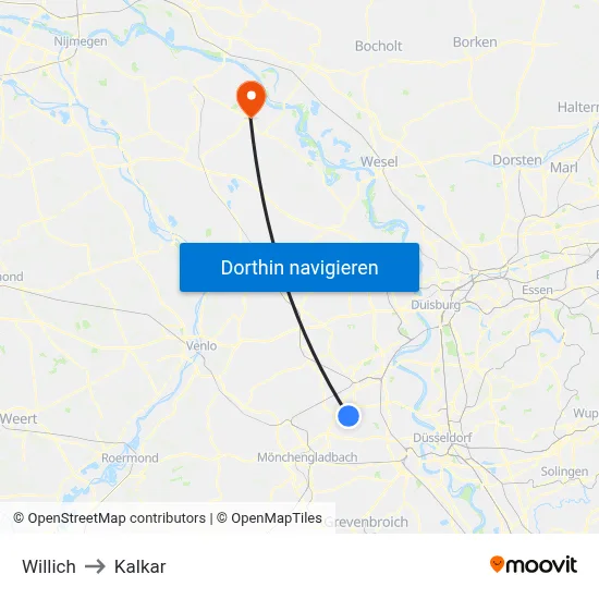 Willich to Kalkar map