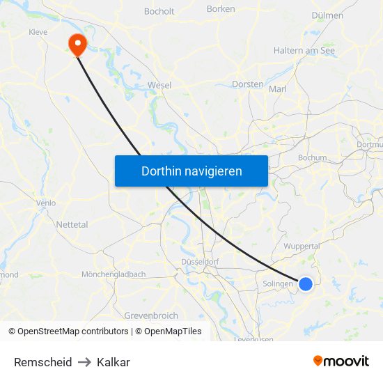 Remscheid to Kalkar map