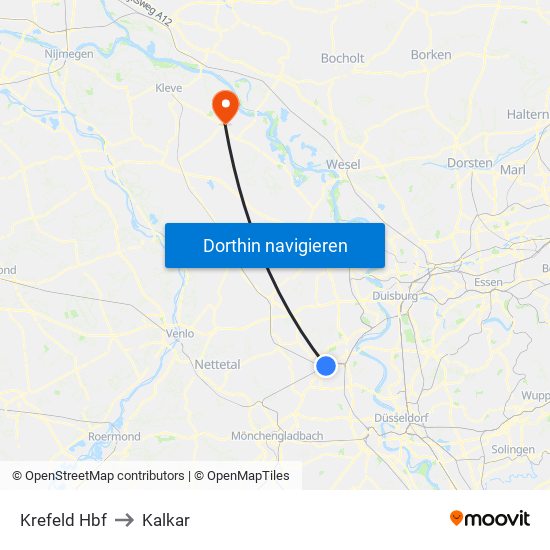 Krefeld Hbf to Kalkar map