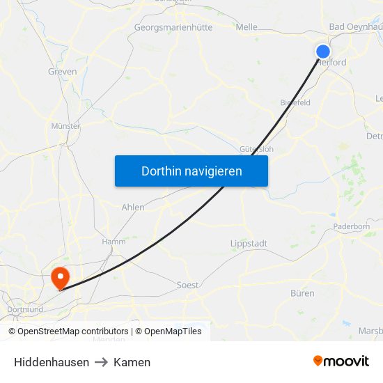 Hiddenhausen to Kamen map