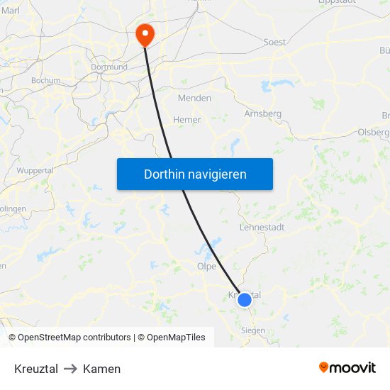 Kreuztal to Kamen map