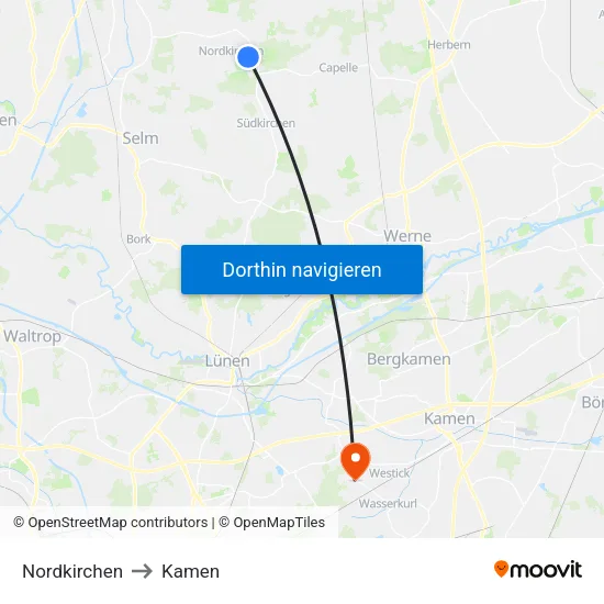Nordkirchen to Kamen map