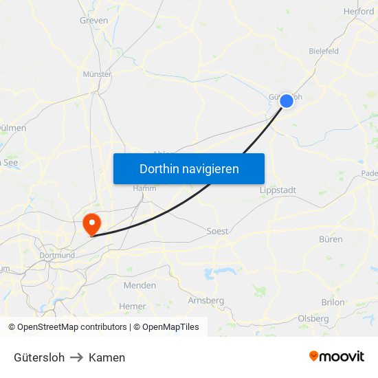 Gütersloh to Kamen map