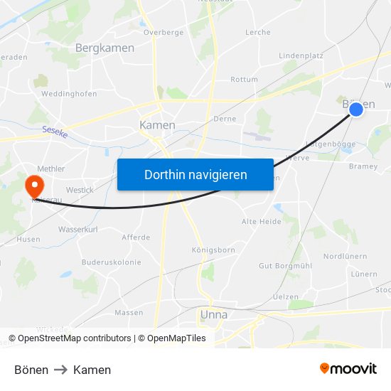 Bönen to Kamen map