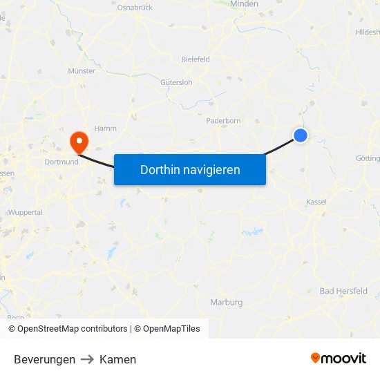 Beverungen to Kamen map