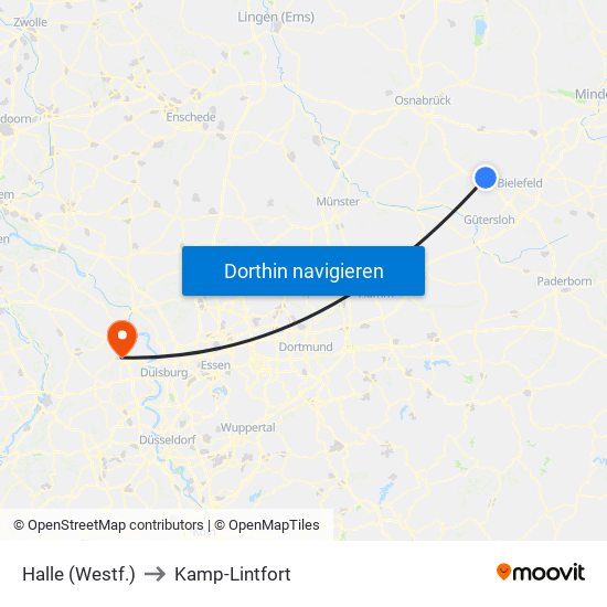 Halle (Westf.) to Kamp-Lintfort map