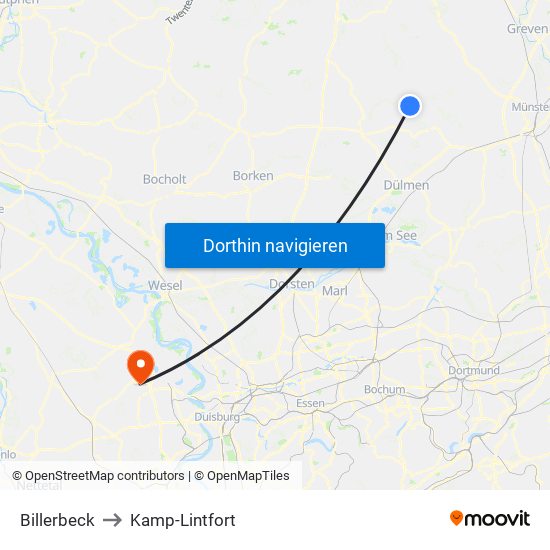 Billerbeck to Kamp-Lintfort map