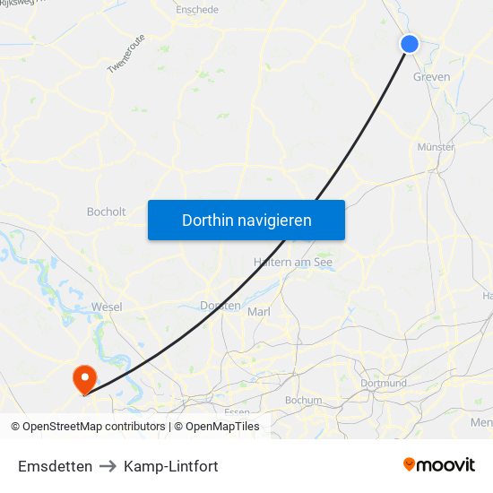 Emsdetten to Kamp-Lintfort map