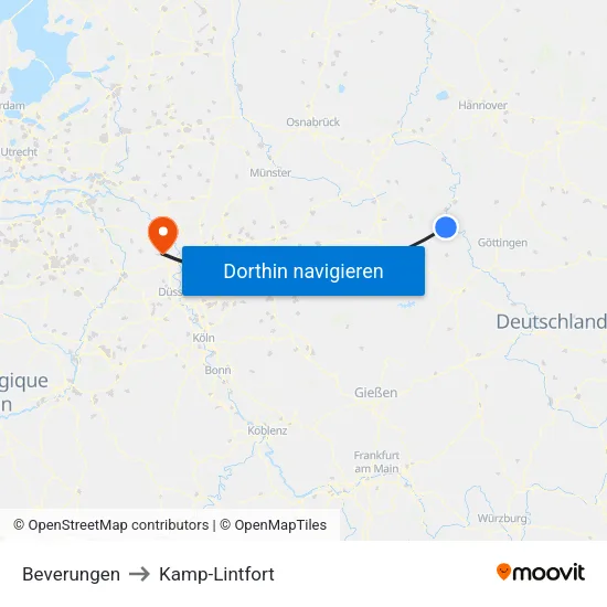 Beverungen to Kamp-Lintfort map