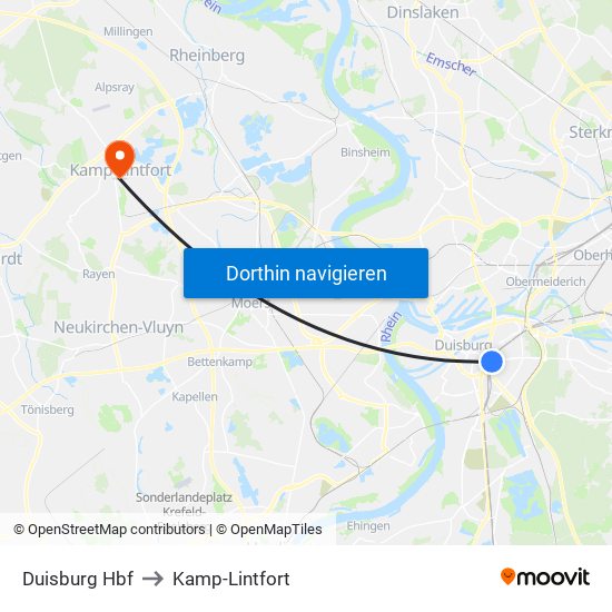 Duisburg Hbf to Kamp-Lintfort map