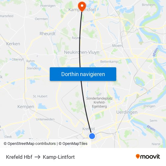 Krefeld Hbf to Kamp-Lintfort map